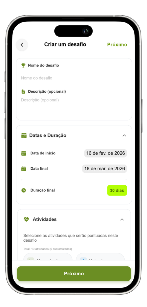 Criação de desafio no app GymCash