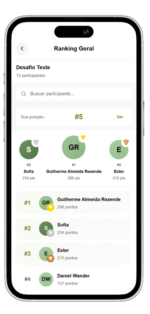 Ranking e feed do desafio no app GymCash